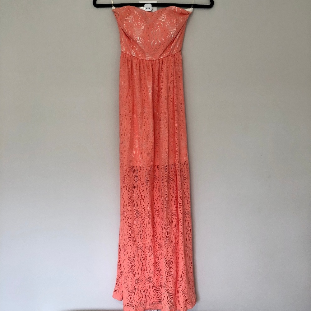 Wet Seal Strapless Maxi Lace Dress Peach in XS